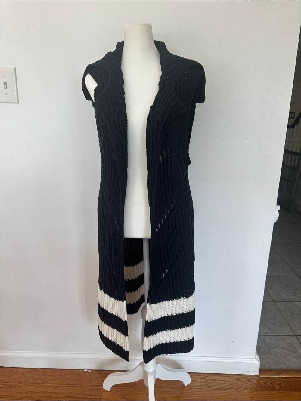 Anthropologie Black Sleeveless Open-Front Knit Cardigan with Ivory Stripes